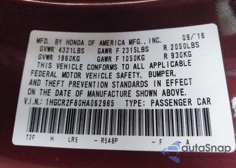 2017 Honda Accord Ex-L из США, поврежденный, VIN 1HGCR2F80HA062985